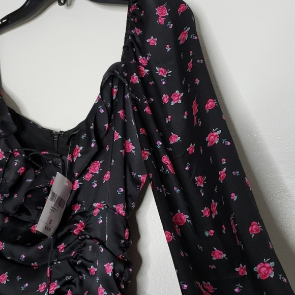 NEW Forever 21 Woven Floral Pink Black Lace Up Bodice Spring Summer Bohemian - Picture 4 of 11